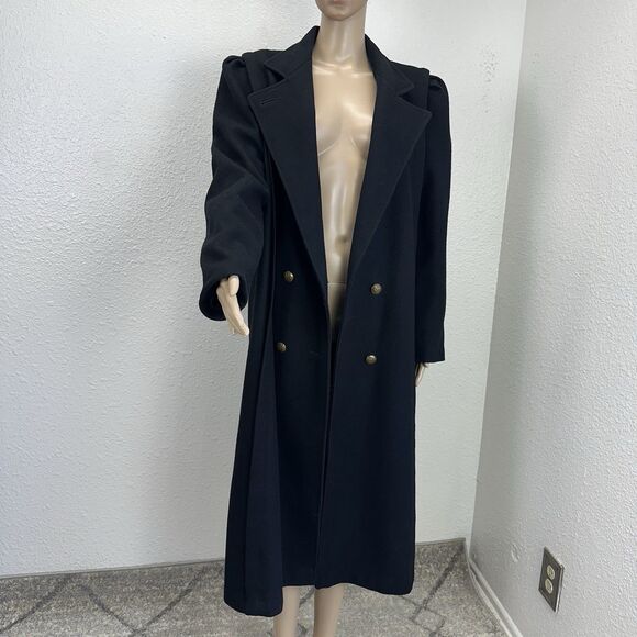 VTG 80s Michelle Francois Black Wool Long DoubleBreast Trench Coat Money Staple - Picture 10 of 14